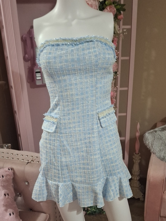 Dresses & Skirts - Strapless Light Blue Tweed Dress with Ruffle Hem  Size S  NWOT